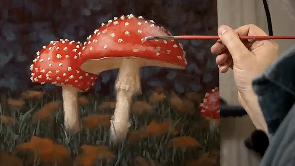 painting of red mushrooms